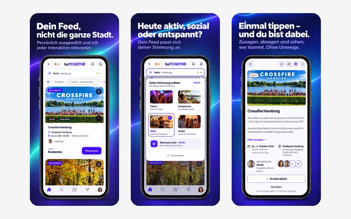 Screenshots der Event-App beTOGETHR: persönlicher Feed, Stimmung wählen und Event-Details