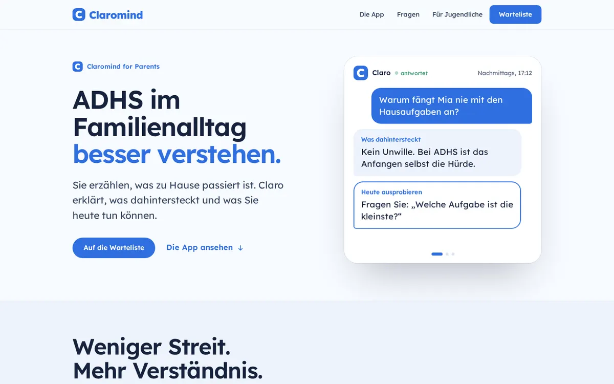 Startseite von Claromind, einem Angebot für Familien mit ADHS