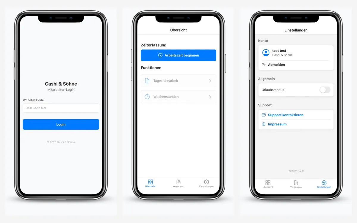 Screenshots der Zeiterfassungs-App von Gashi & Söhne: Mitarbeiter-Login, Übersicht mit Arbeitszeit beginnen und Einstellungen